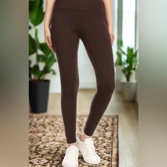 OS/Plus NEW Womens Solid Brown YOGA WAIST Leggings, Buttery Soft Yoga Pants - Picture 3 of 12